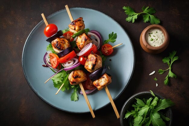 Espigas de kebab de pollo en un plato