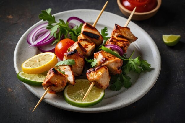 Espigas de kebab de pollo en un plato