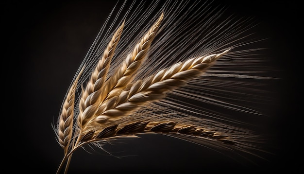 Espigas maduras de trigo fechadas em uma indústria de pão de fundo escuro Generated AI
