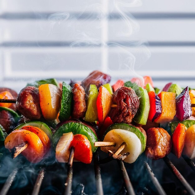 Foto espigas de shashlik en una parrilla