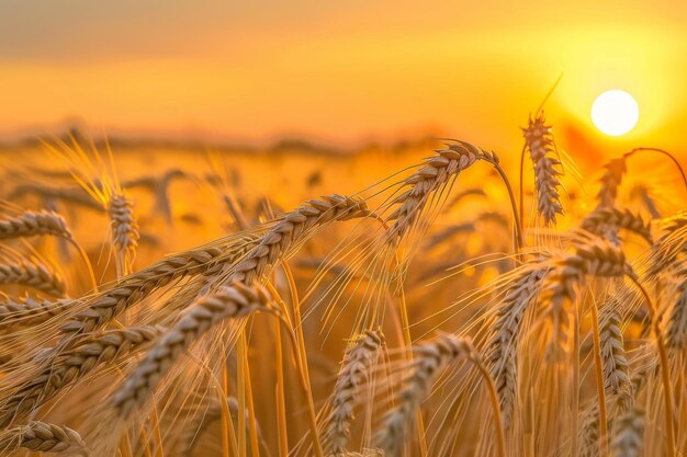 Las espigas de trigo en primer plano con la luz del atardecer proyectando un suave resplandor