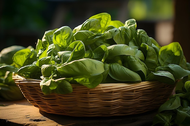 espinacas en la cesta detrás del concepto de comida vegana de fondo verde borroso