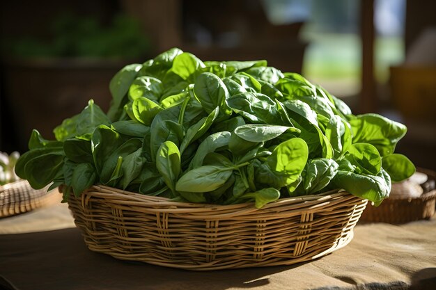 espinacas en la cesta detrás del concepto de comida vegana de fondo verde borroso