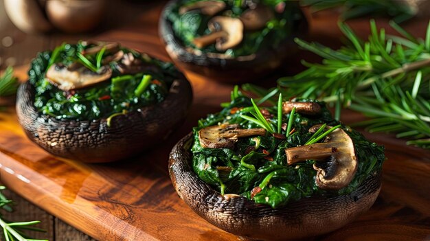 Espinacas y setas rellenas setas portobello salpicadas de hierbas Plato de restaurante que sirve de temporada que ofrece una nutrición adecuada comida de dieta Concepto de estética culinaria Generado por IA