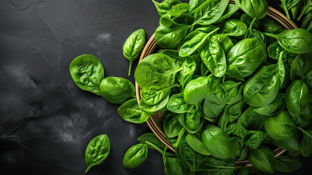 Espinacas verdes frescas en un recipiente sobre un fondo negro