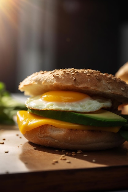 Espinafre de abacate e sanduíche de ovo frito em pão de brioche fresco