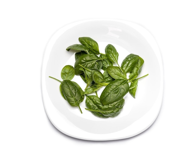 Espinafre fresco. Folhas de vegetais verdes em um prato, comida saudável, conceito de dieta vegetariana.