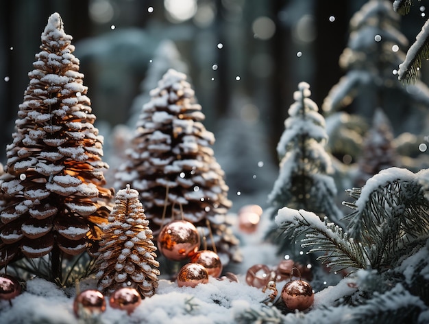 Espinha na floresta decorada com guirlandas e brinquedos de Natal há neve ao redor