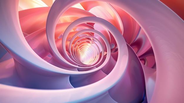 Espiral 3D abstracta de anillos rosados y púrpuras que conducen a una luz brillante
