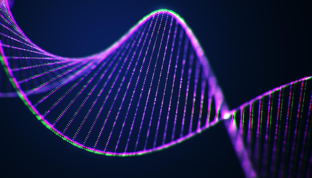Espiral de ADN brillante abstracto con luces púrpuras y verdes en un fondo azul oscuro Renderización 3D