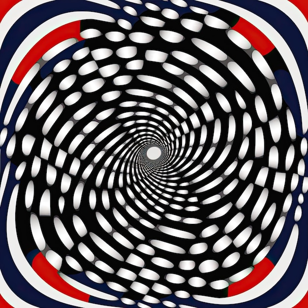 Una espiral en blanco y negro con rayas rojas, blancas y azules.