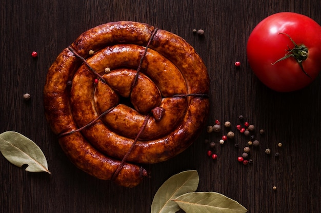 Espiral de salsicha caseira com tomate e especiarias em fundo escuro de madeira Vista superior