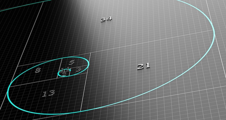 Foto espiral de fibonacci sobre fondo negro 3d con cuadrícula. ilustración del concepto de ciencia o matemáticas.