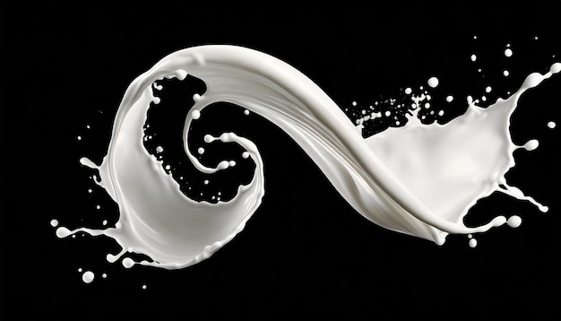 Foto espiral de leche salpicando onda líquida salpicaduras blancas de pintura bucles chorro curvo aislado en fondo negro