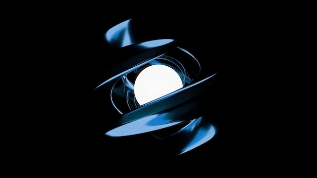 Espiral de metal grande, abstracta y brillante que gira alrededor de una esfera estática blanca y rodea una bola