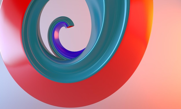 Espiral naranja, azul y violeta sobre fondo degradado azul y naranja. Representación 3d