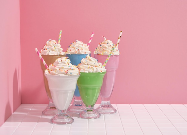 Espírito alegre de férias Milkshakes com palhinhas e salpicaduras coloridas