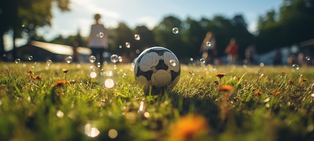 Espírito do futebol Um caminhante chutando uma bola de futebol em um campo gramado no estilo do jogo