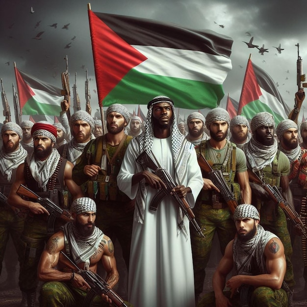 espírito inflexível conquistado homens desafiadoramente agitar bandeira palestina simbolizando força unidade