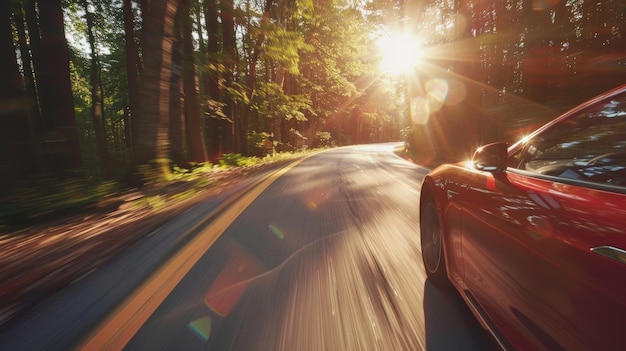 Espíritu aventurero conduciendo un coche eléctrico en una ruta panorámica en medio de la frescura del verano