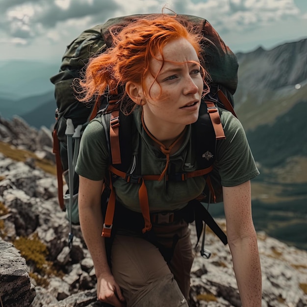 Espíritu aventurero Una mujer pelirroja ascendiendo las montañas