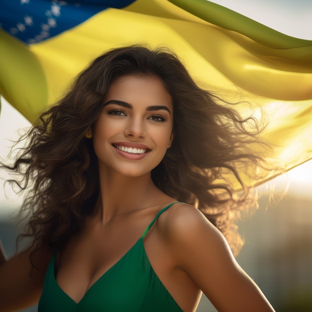 Foto espíritu brasileño radiante mujer hermosa con bandera brasileña