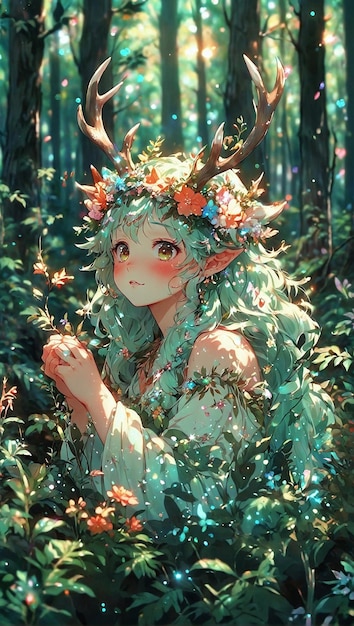 Espiritu del Bosque Gentil Estilo Anime Coronado con Flores en un Bosque Encantado Armonia Tier und Tiere