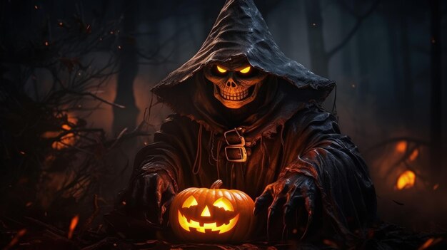 Espíritu festivo y espeluznante de calabaza de Halloween Fondo oscuro IA generativa