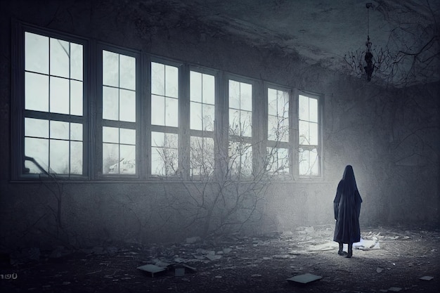 Un espíritu maligno fantasmal está parado en una habitación abandonada Ilustración digital