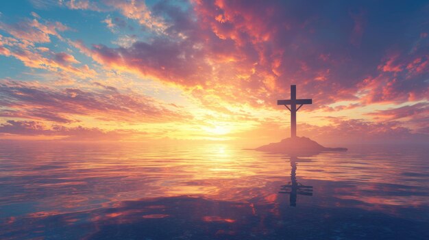 espiritualidad con una cruz religiosa en el Monte Calvario contra un cielo de amanecer de la bahía