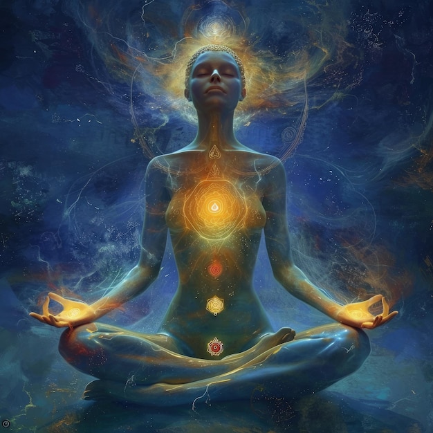 Foto la espiritualidad pacificadora, la meditación, la práctica espiritual, la expansión de la conciencia, la activación de los chakras, el cuerpo astral, la inspiración mística y la energía interconectada del sistema de chakras humanos.