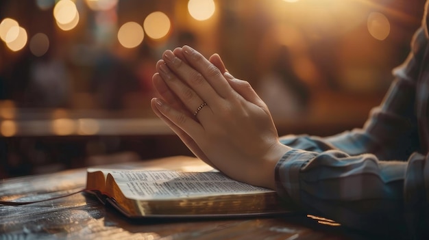 Foto espiritualidad y religión manos cruzadas en oración sobre una santa biblia en el concepto de la iglesia para la fe