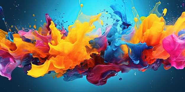 espirrando tintas sobre um fundo azul em um design colorido