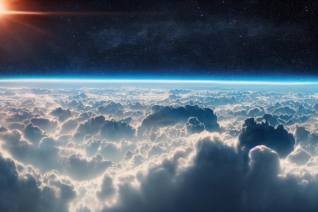 Foto esplêndida paisagem de nuvens acima da atmosfera terrestre com espaço estrelado no horizonte