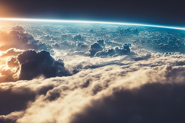 Esplêndida paisagem de nuvens acima da atmosfera terrestre com espaço estrelado no horizonte