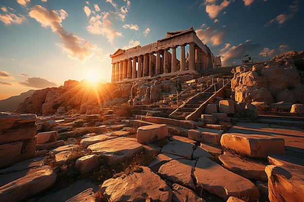 Foto el espléndido partenón iluminado por el sol en atenas, grecia, con rayos de sol y gloria iluminada por el sol