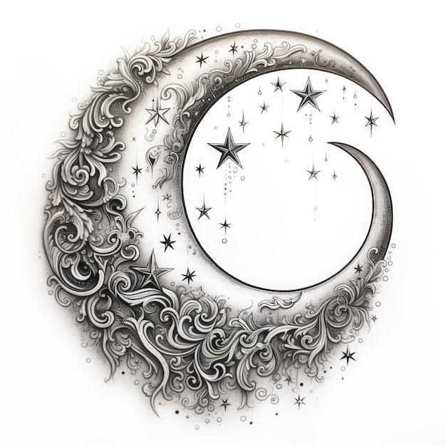 Esplendor Celestial Luminoso Uma Lua Crescente e Estrelas Iluminadas em Arte de Contorno Prateado Contra um W