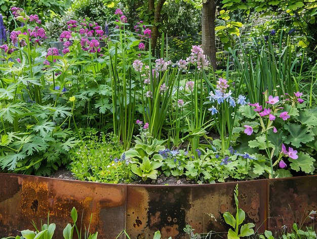 Esplendor da Primavera Dicentra Gerânios e Írises Anões em um leito de flores rústico