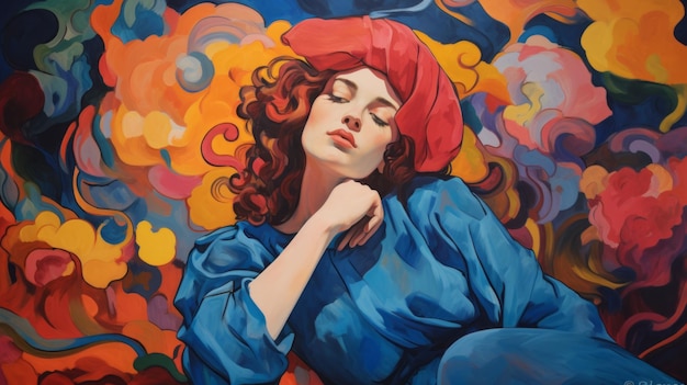 Esplendor dramático Uma pintura fauvista de inspiração renascentista de uma mulher com uma boina vermelha