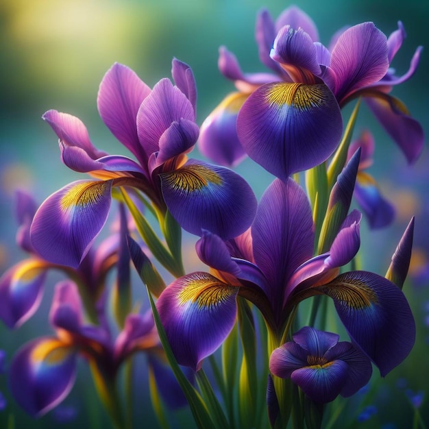 El esplendor de la floración Un primer plano de las vibrantes flores de iris púrpura en plena floración