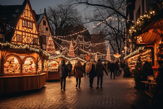 Esplendor mágico de las luces brillantes del mercado navideño alemán en medio de un paisaje invernal