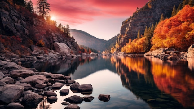 Esplendor de otoño Cañón sereno con cerezos vibrantes y lago que refleja