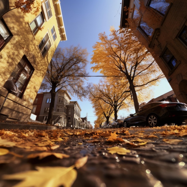 El esplendor del otoño captura una calle de la ciudad adornada con hojas caídas una impresionante fotografía Sho