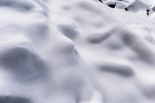 Esponjoso blanco cubierto de nieve en pendiente hill en invierno