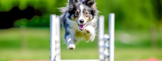 Esporte de agilidade o cachorro atropela banner de obstáculos feito com Generative AI