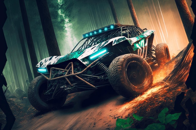 Esporte de carro de velocidade offroad na floresta motorsport generative ai