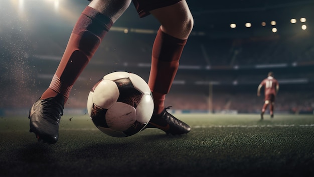 Esporte de jogo de futebol Closeup de jogador de futebol jogando com bola no estádio Generative AI