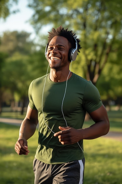 Esportes e educação física como um estilo de vida Jovem atleta afro-americano durante o treino de corrida no parque da cidade Treino de corrida com sua música favorita com aplicativo on-line