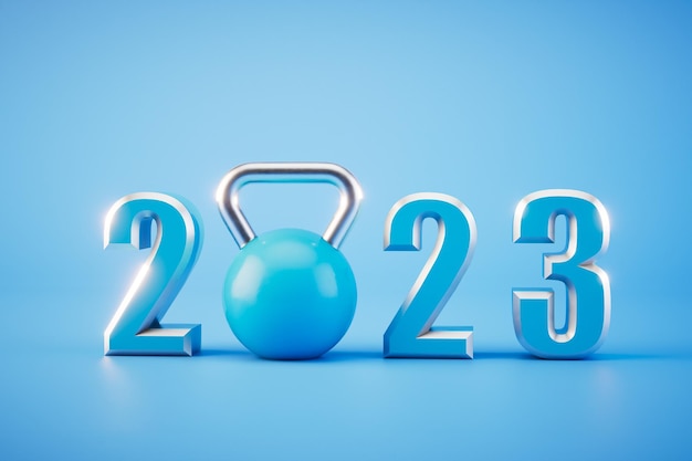 Esportes em 2023 a inscrição 2023 com um kettlebell em vez de 0 azul sobre fundo azul