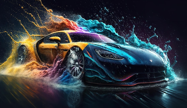 Esportes motosports dinâmicos, chuva de água e um veículo esportivo rápido em arte digital Linda ilustração Generative Ai